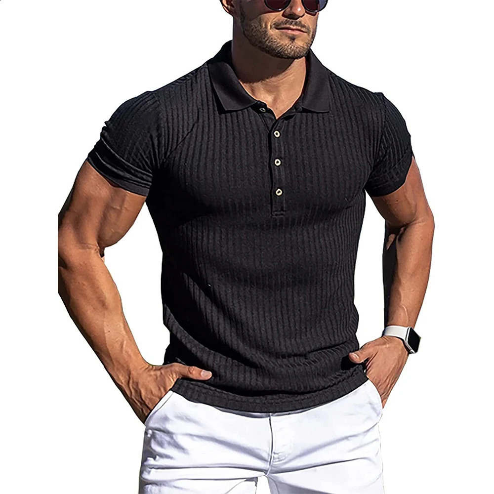 Summer Polo Men Solid Stripe Fitness Elasticity Short Sleeve Polo Shirts for Men Fashion Stand Collar Mens Shirts 250319