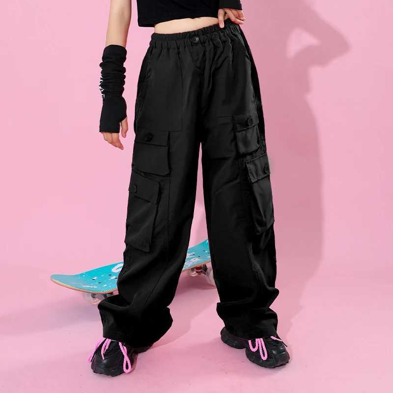 Black cargo pants teenage girls new summer streetwear hip-hop straight Trousers and multi pocket children aged 6 8 10 12 and 14T250318