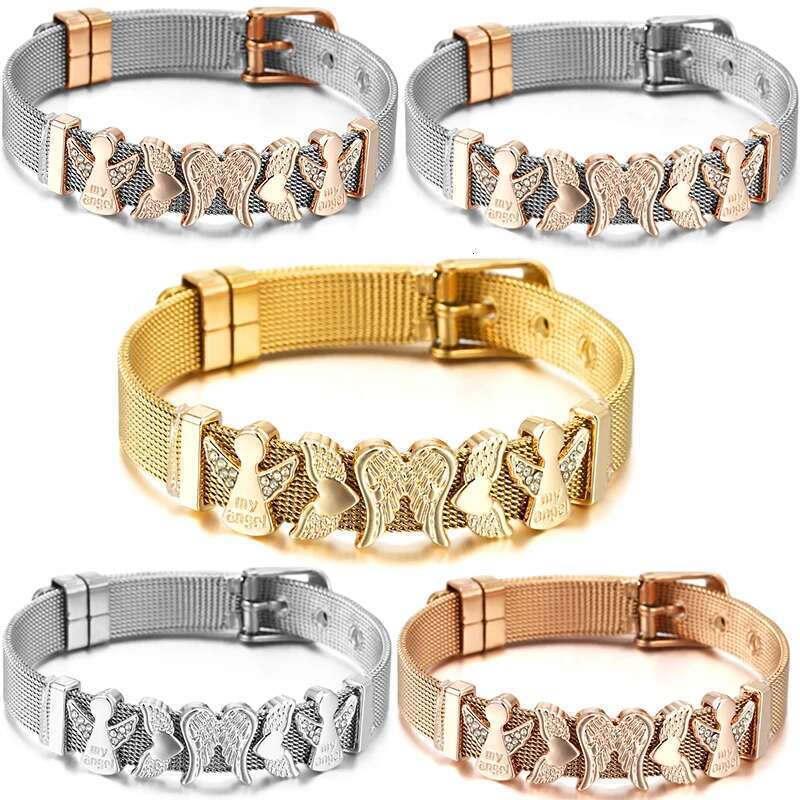 10mm Feather Fairy Beads Charm Bracelets DIY Stainless Steel Mesh Belt Bracelet Pulseras Mujer For Women Men Boy Jewelry Gift