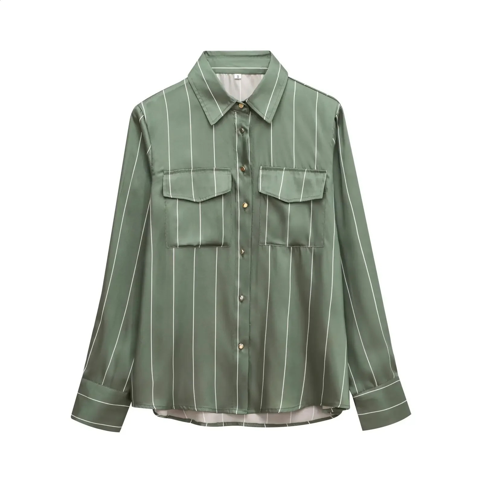 ZRWOMENS Clothing Winter striped lapel long sleeved pocket silk satin feel shirt womens buttons 250318