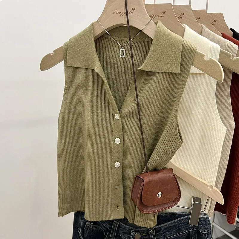 Summer Chic Ice Silk Knitpolo collar with thin eyelashes smooth silhouette vest outerwear womens shoulder sleeveless 250319