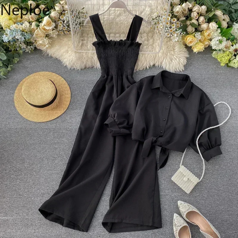 Neploe Summer Holiday 2 Pcs Women Set Sexy Slim Waist Pleat Wide Leg Jumpsuit Turn Down Collar Short Sleeve Shirt Suit 250319
