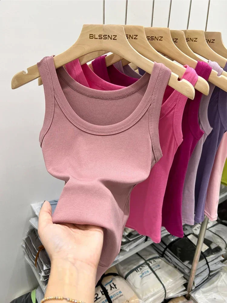 2025 solid color basic rib knitted vest womens summer retro sleeveless Camis girls street clothing soft Tshirt 250319