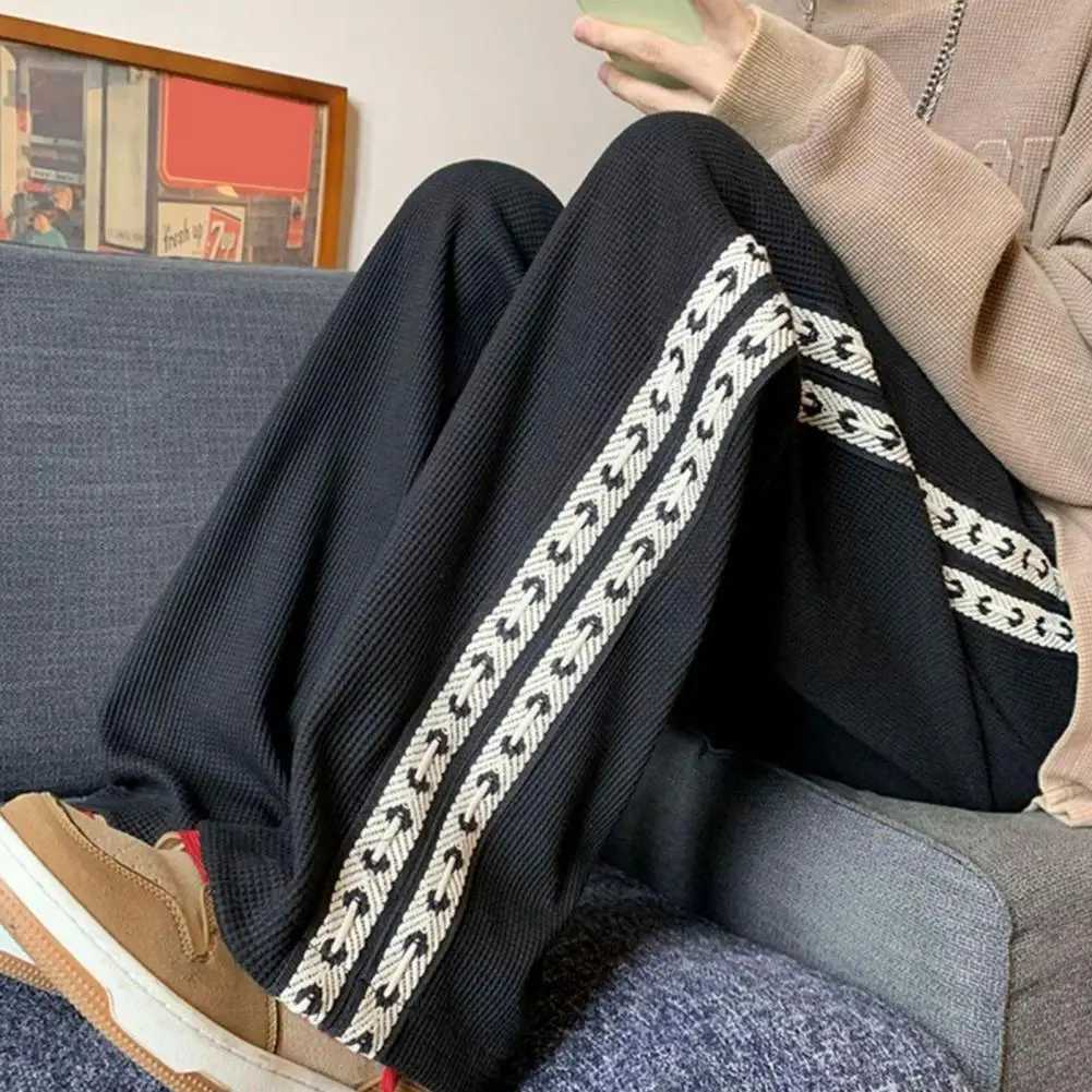 High Street Casual Trousers Drawstring Elastic Waist Waffle Grid Trendy All-Match Spring Sweatpants Straight Tube Male Trousers X250319