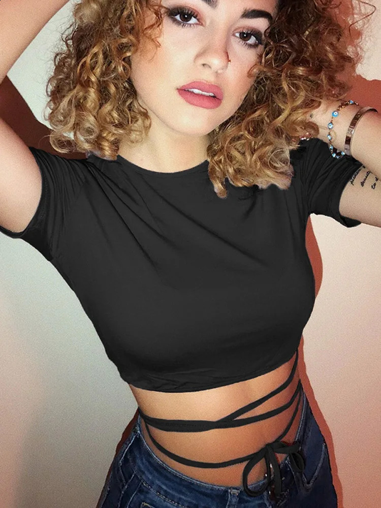 Summer Women Black Short T-Shirts Sexy Crop Tops Short Sleeve Bandage Tee Tops Female Shirts 250319