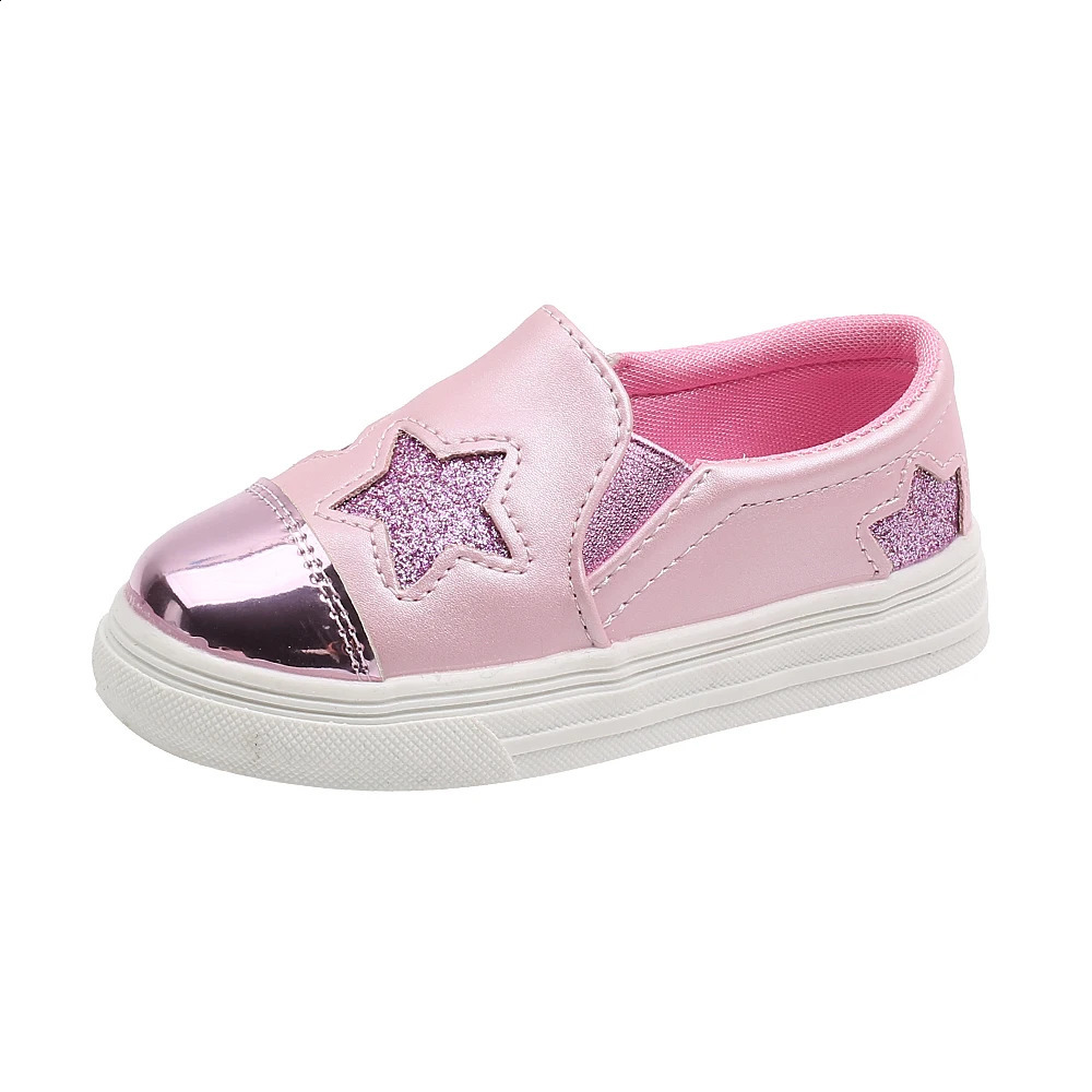 Childrens casual shoes suitable for medium to large girls childrens flat smooth skin patches glitter star fashion soft and cute 250319