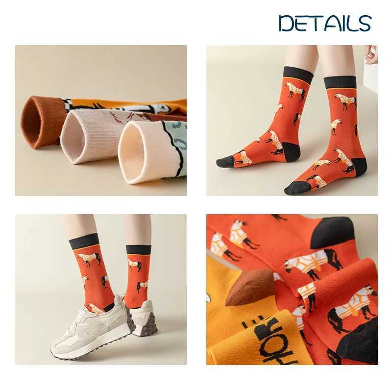 3 pairs of new gift box socks cute cartoon horse color matching versatile breathable mid tube womens socks X250319