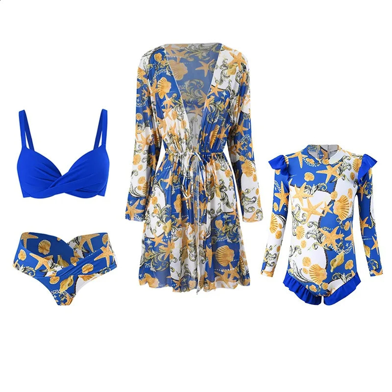 Family Matching Swimsuit Girls Print One-Piece Swimwear Mommy Bikini Sun Protection Cover Up 3Pcs Summer Family Matching Clothes 250319