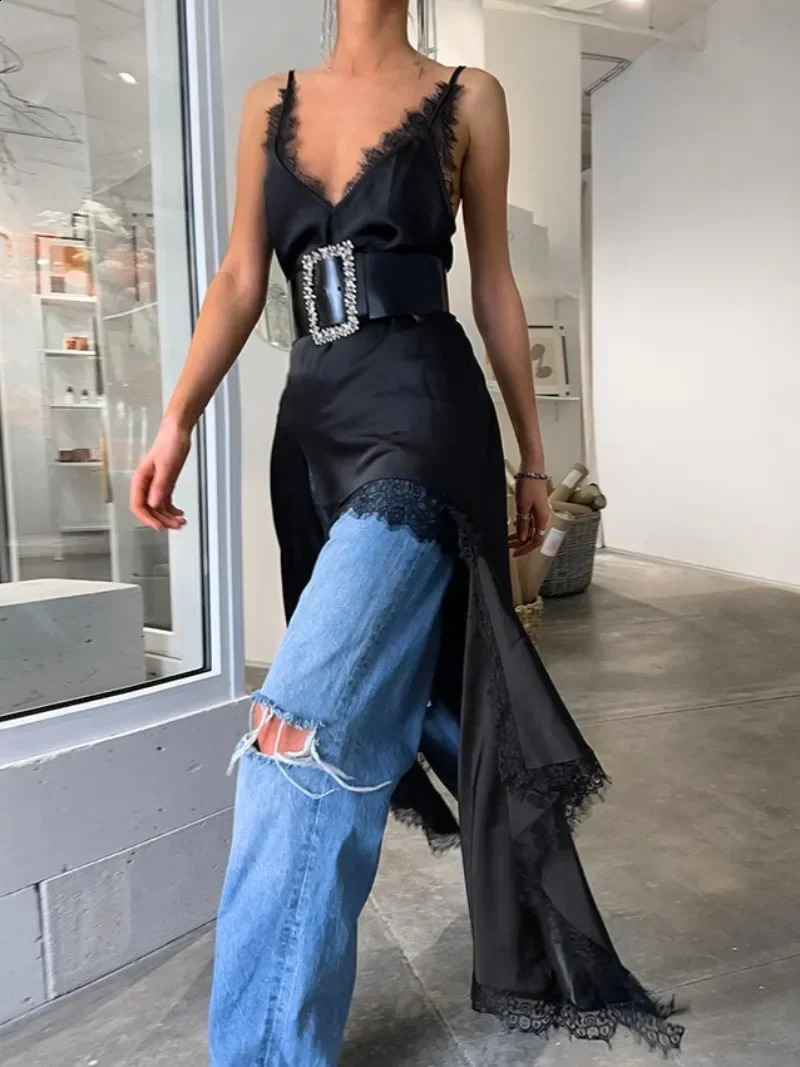 2025 Women Sexy V-neck Lace Patchwork Black Dress Y2K Streetwear Fashion Spaghetti Strap Irregular Split Solid Long Slip Dresses 250319