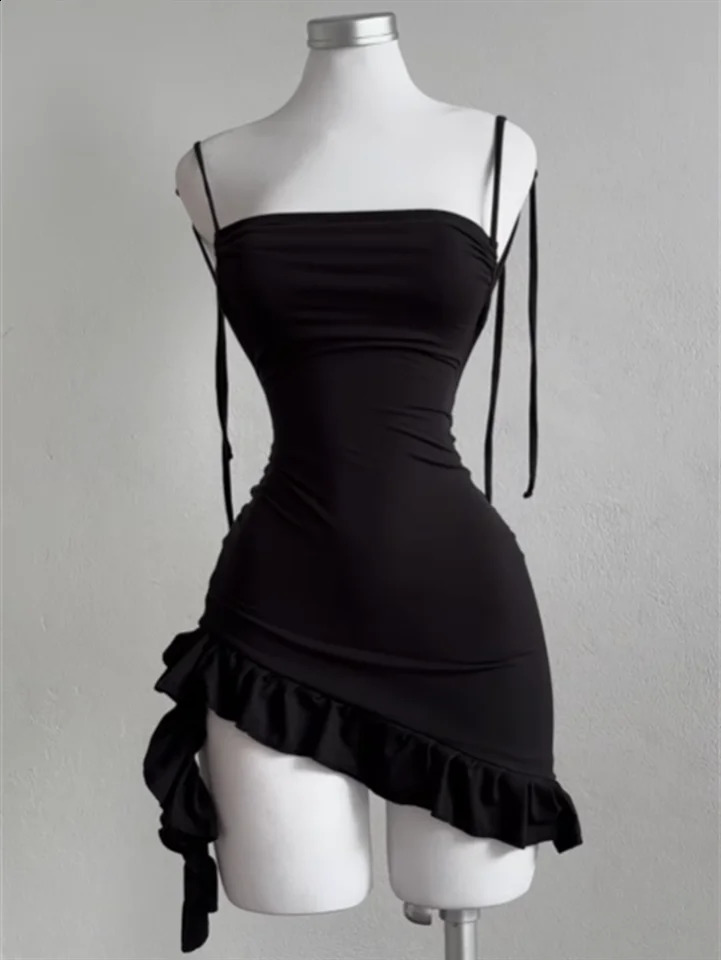 Sleeveless Backless Ruffles Mini Dress Women Summer Y2K Lace Up Black Bodycon Dresses Party Club Streetwear 2025 Sundress 250319