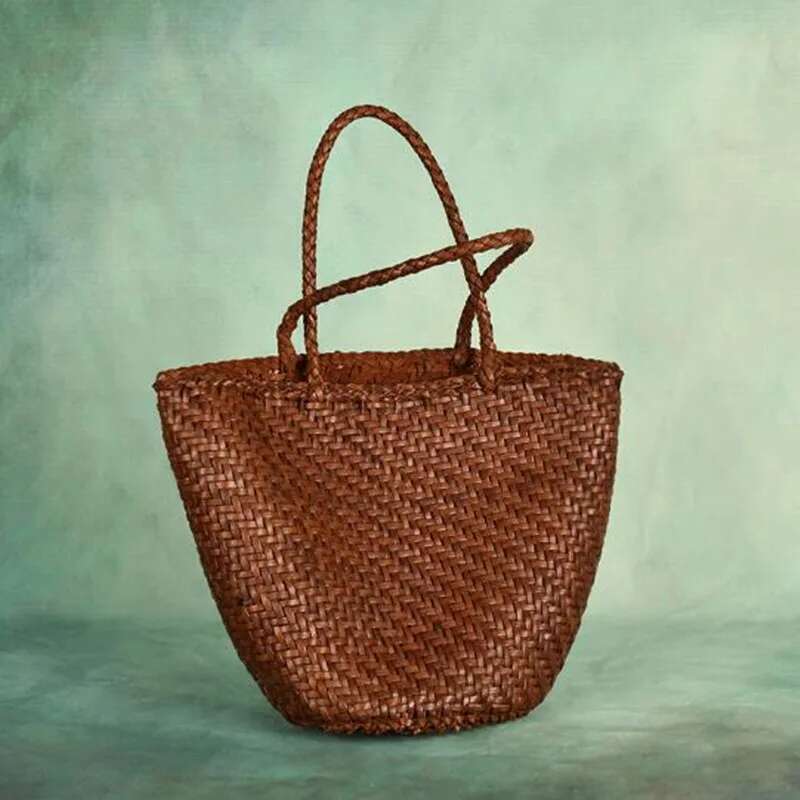 Made Braided Genuine Leather Cowhide Hand-Woven Vegetable Basket Women's Shoulder Retro Shopping Bag