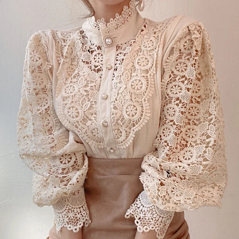 Fashion long sleeved womens shirt with hollow lace top Blusas Mujer de Moda 2024 250319
