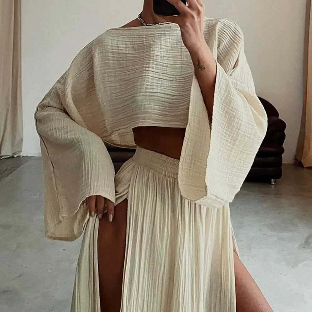 2 PcsSet Women Crop Top Skirt Set Long Sleeve Short Top High Waist Split Skirt Beach Bikini Coverup Lady Party Top Skirts Set 250319