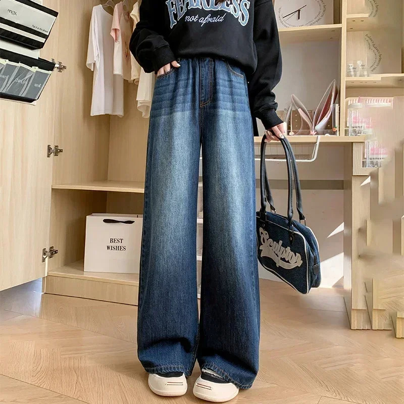 Retro Fashion Autumn Womens High Waist Jeans Loose Wide Legs Straight Denim Shorts Y2K Bagged Pants 250317