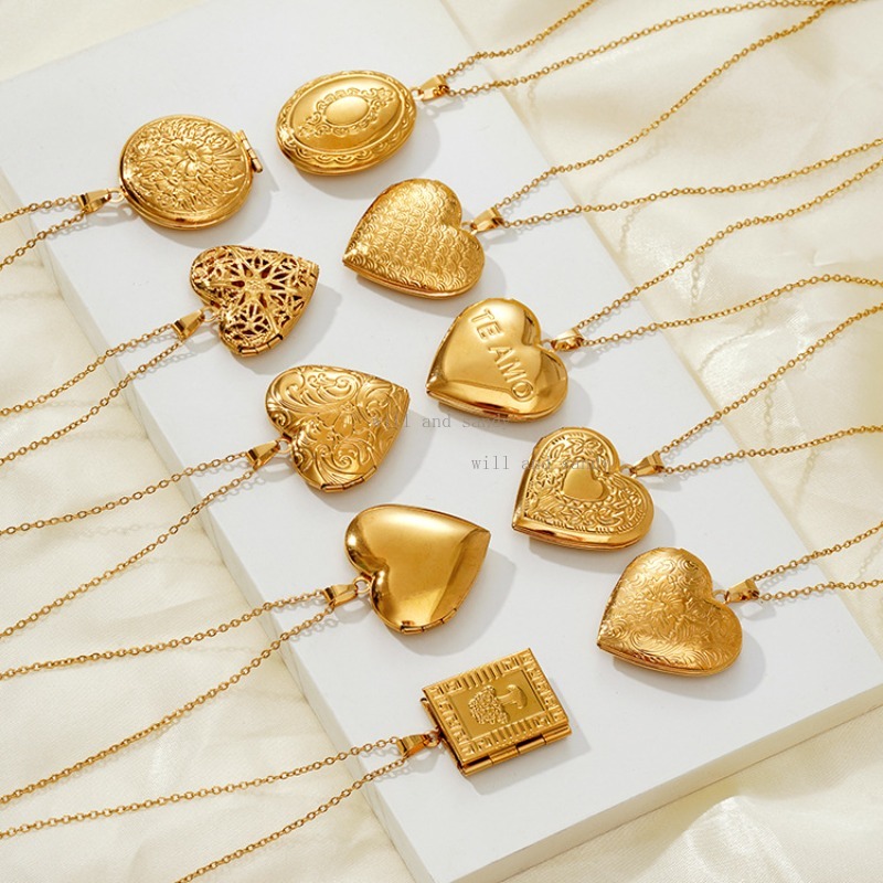 18K Gold Locket Necklace Stainless Steel Photo Opon Hollow Love Heart Round Book Box Pendant Necklaces Chain Woman Children Gift Designer Fashion Jewelry
