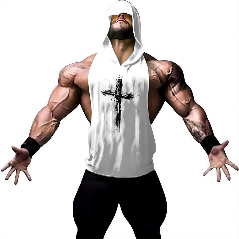 Four season fashion running sports hooded vest 2D pattern print mens outdoor sports sleeveless hooded vest gym topT250318