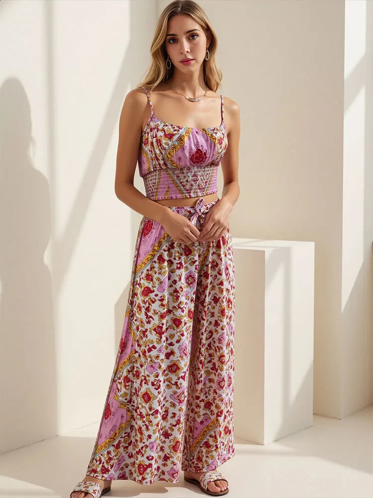 TRAFZA Summer Women Boho Two Piece Print Outfits Strap Sleeveless Tops High Waist Drawstring Trousers Holiday Beach Lady Sets 250319