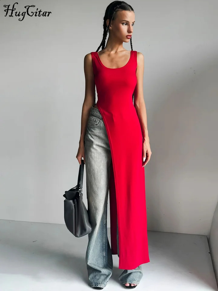 Hugcitar Fashion Solid Square Collar Straps Backless Slit Sexy Bodycon Maxi Dress Summer Women Y2K Outfits Party Vacation 250319