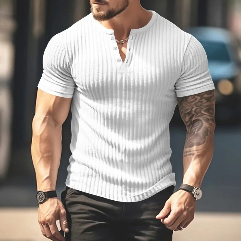 Fashion Europe and the United States solid color summer short-sleeved foreign trade Henry shirt casual knitted T-shirt 250319