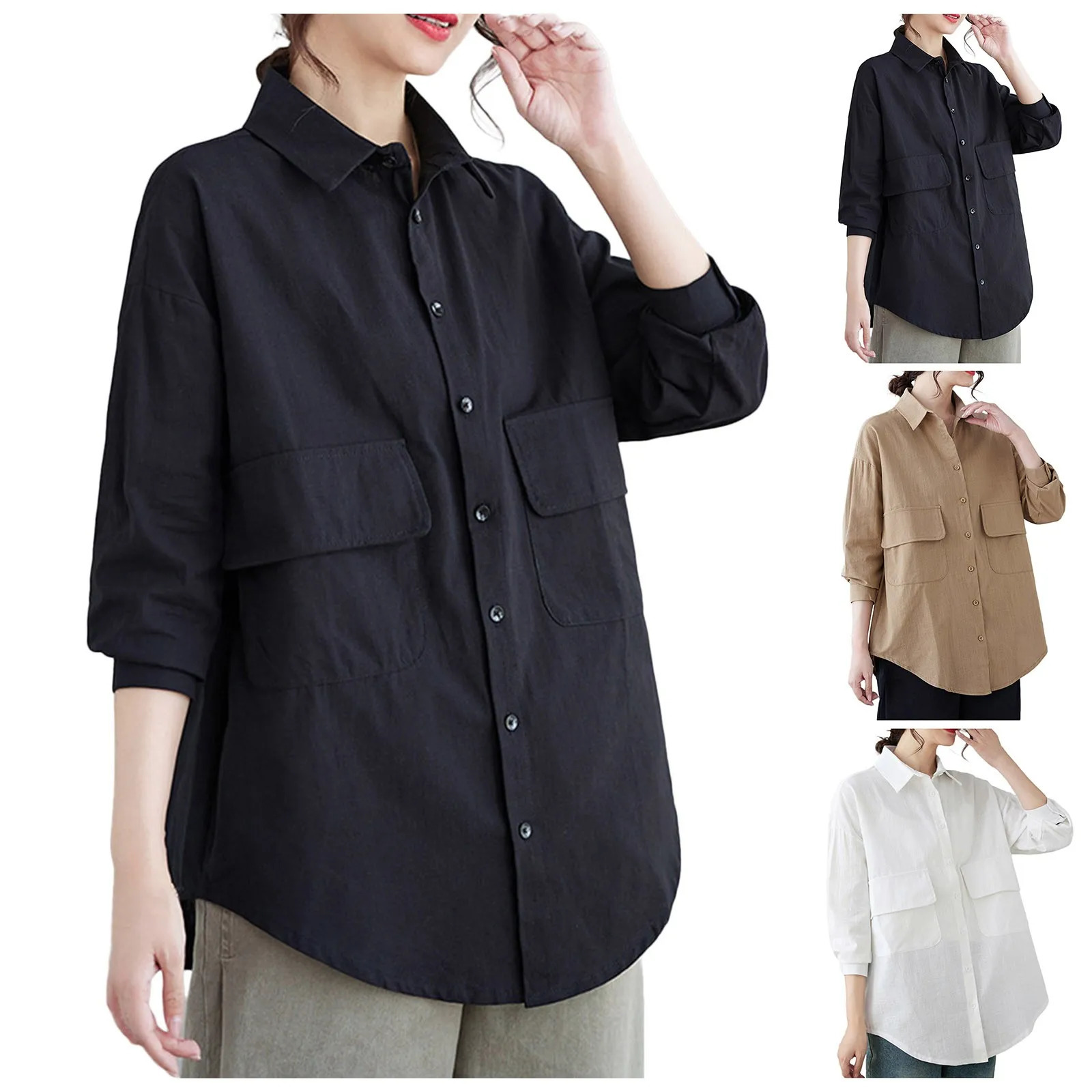 Cotton linen womens long sleeved pocket button Safari casual top Harajuku plus size curled hem lapel shirt 3XL 250318