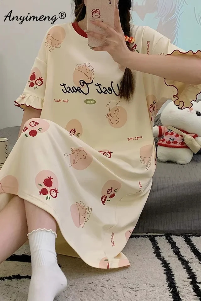 Summer womens pajamas plus size home ice silk night dress short sleeved Oneck 150Kg knee length 250319