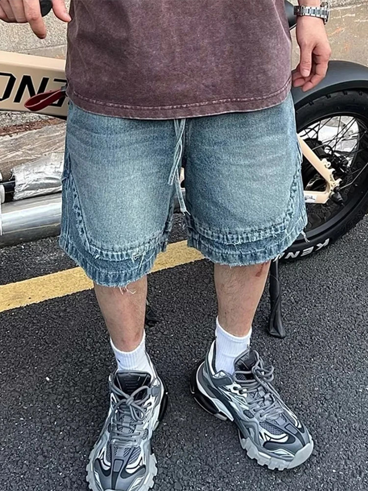 Mens Vintage Lace Up ned Denim Shorts Summer High Waist Knee Length baggy Jeans Casual Fashion Streetwear Trousers 250319