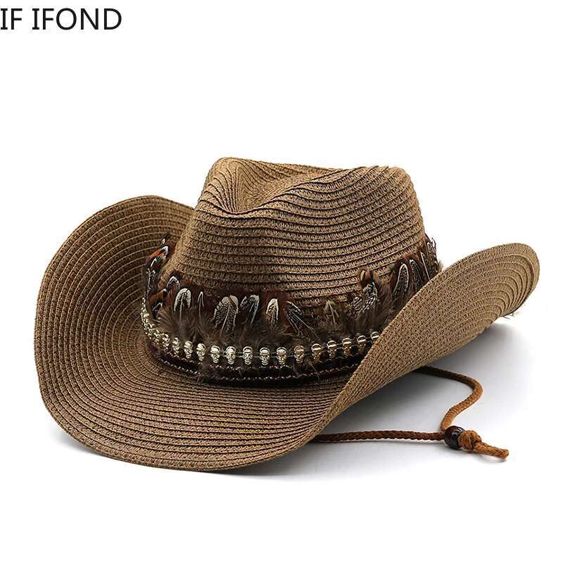 Hand Made Straw Western Cowboy Hat For Women Men Summer Curg Brim Beach Sun Hats Panama Cowgirl Jazz Cap