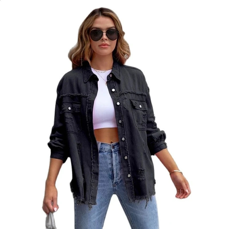 Hole Edge Denim Jacket Womens Spring/Autumn Shirt Style Jeans Casual Top Rose Red Orange Purple Coat Womens Coat 250317