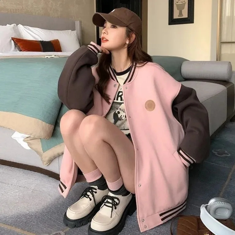 Pink Retro College Style Baseball Coat Jacket Women n Sense Splicing Casual Top 250317