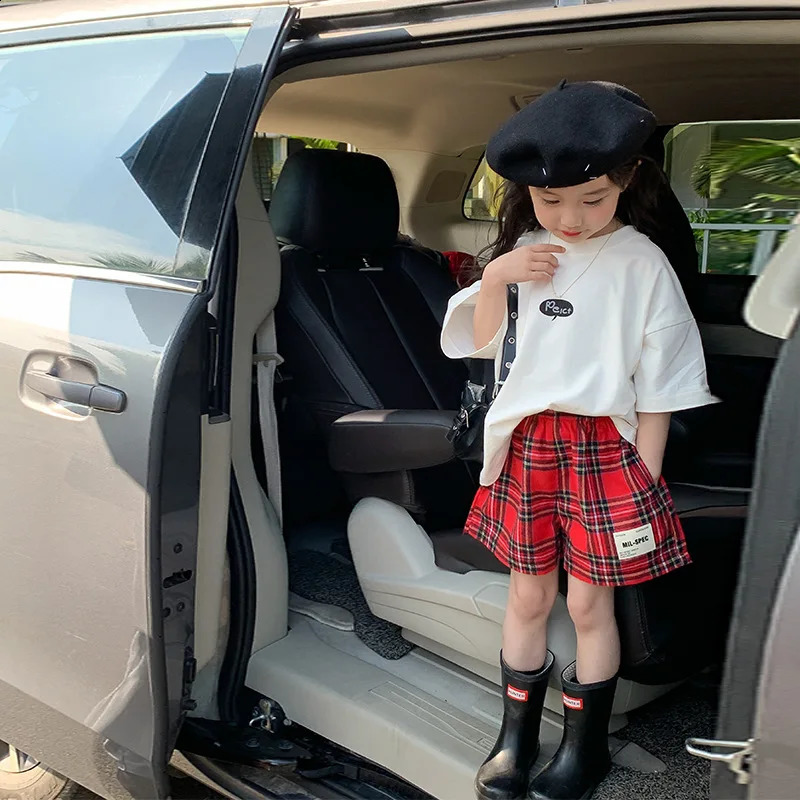 5789 Childrens Short Spring/summer 2025 Girls Red Plaid Pants Korean 2-10Year Kids Skirt Pants 250319
