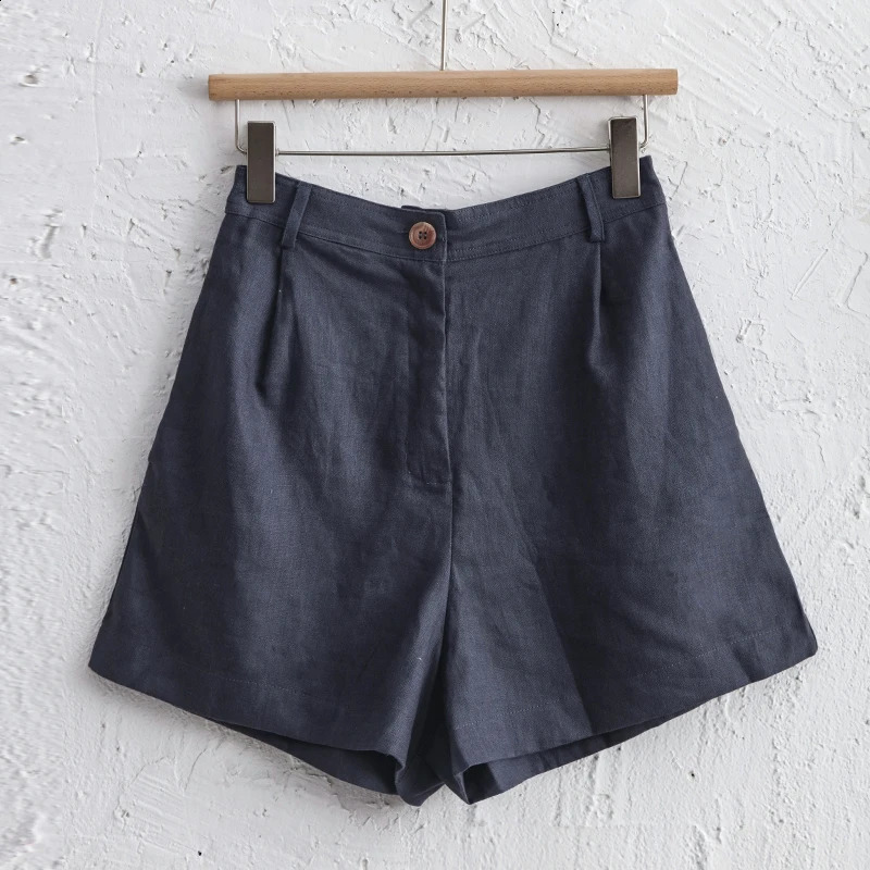 Summer 100% Linen WomenS Shorts Casual High Waist Wide Leg Button Up Elegant Ol Short Pants Femme 250318