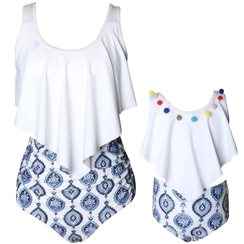 Mother Daughter Matching Swimsuits Ruffled Family Set Leaf Mommy and Me Swimwear Fashion Women Girls Bikini Dresses Clothes 250319