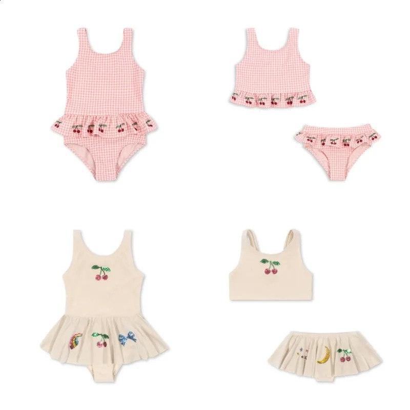 Girl Swimwears Checkered Cherry Baby Swimwear Kids Vacation Sunscreen Swimsuits Bikini Teen Swimsuit for Girls Bikinis Mayo 250319