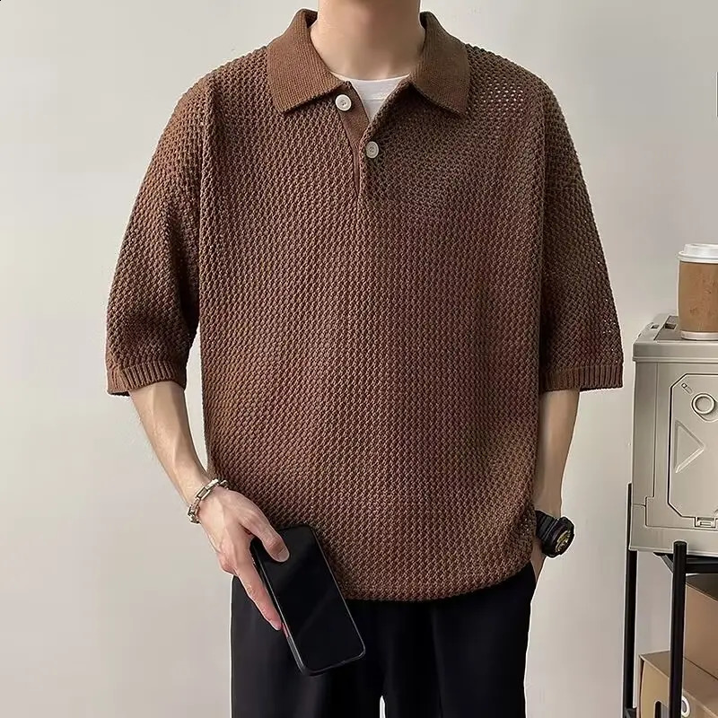 Hollow solid color mens polo shirt daily casual loose knit top. Breathable and durable T-shirt 250317