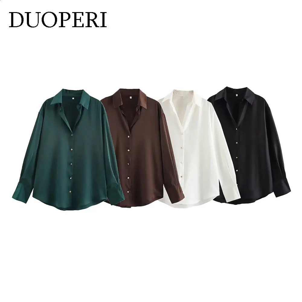 DUOPERI Womens Fashion Satin Brown Shirt with Collar Long Sleeve Retro Clothing 250319