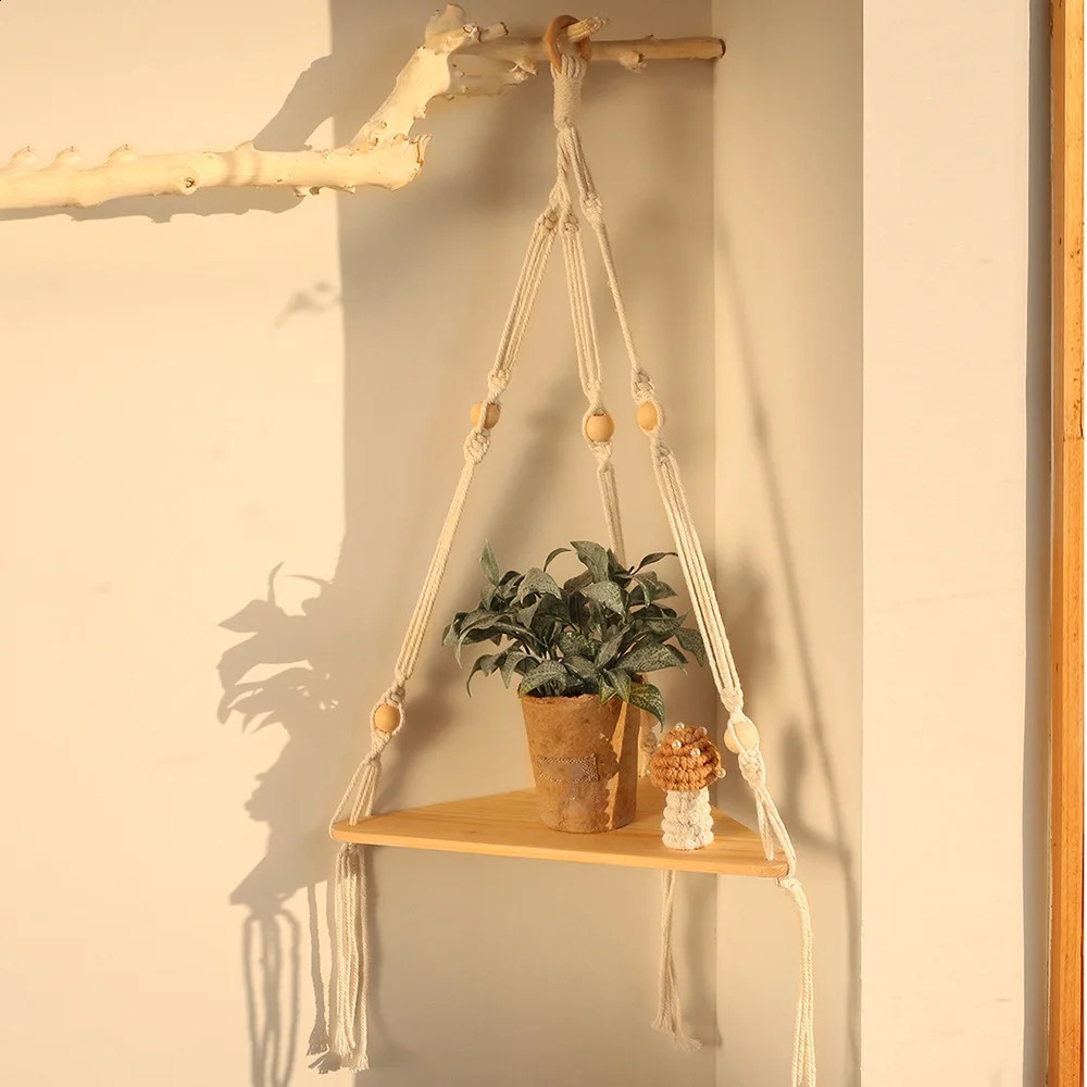 Corner Shelf Macrame Wall Hanging Wood Floating Shelves Rustic Boho Wall Shelf Decor Storage Rack for Plants Pots Po Frames 250314