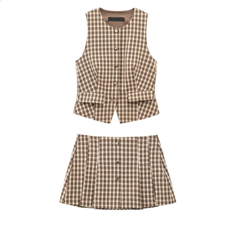 Women 2 Piece Set Elegant Plaid O-Neck Single Breasted Pocket Decorate Vest TopChic Zipper Pleated Slim Mini Culottes 250318