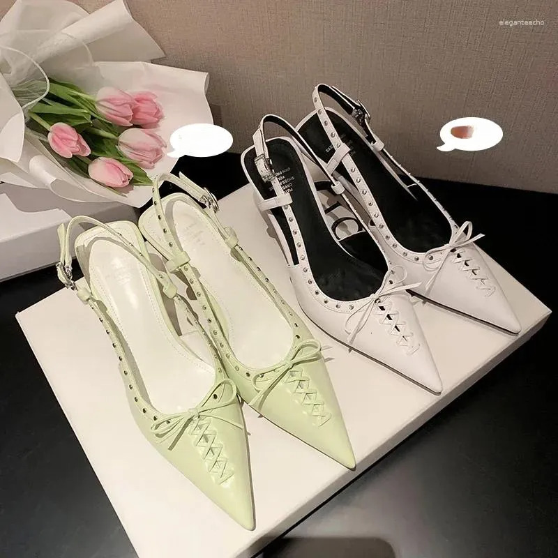 2025 S Fashion Designer Sandals Summer Women Natural Leather Shoes Cm Cowhide Sheepskin Pointed Toe Rivet Bow Back Loop High Heel