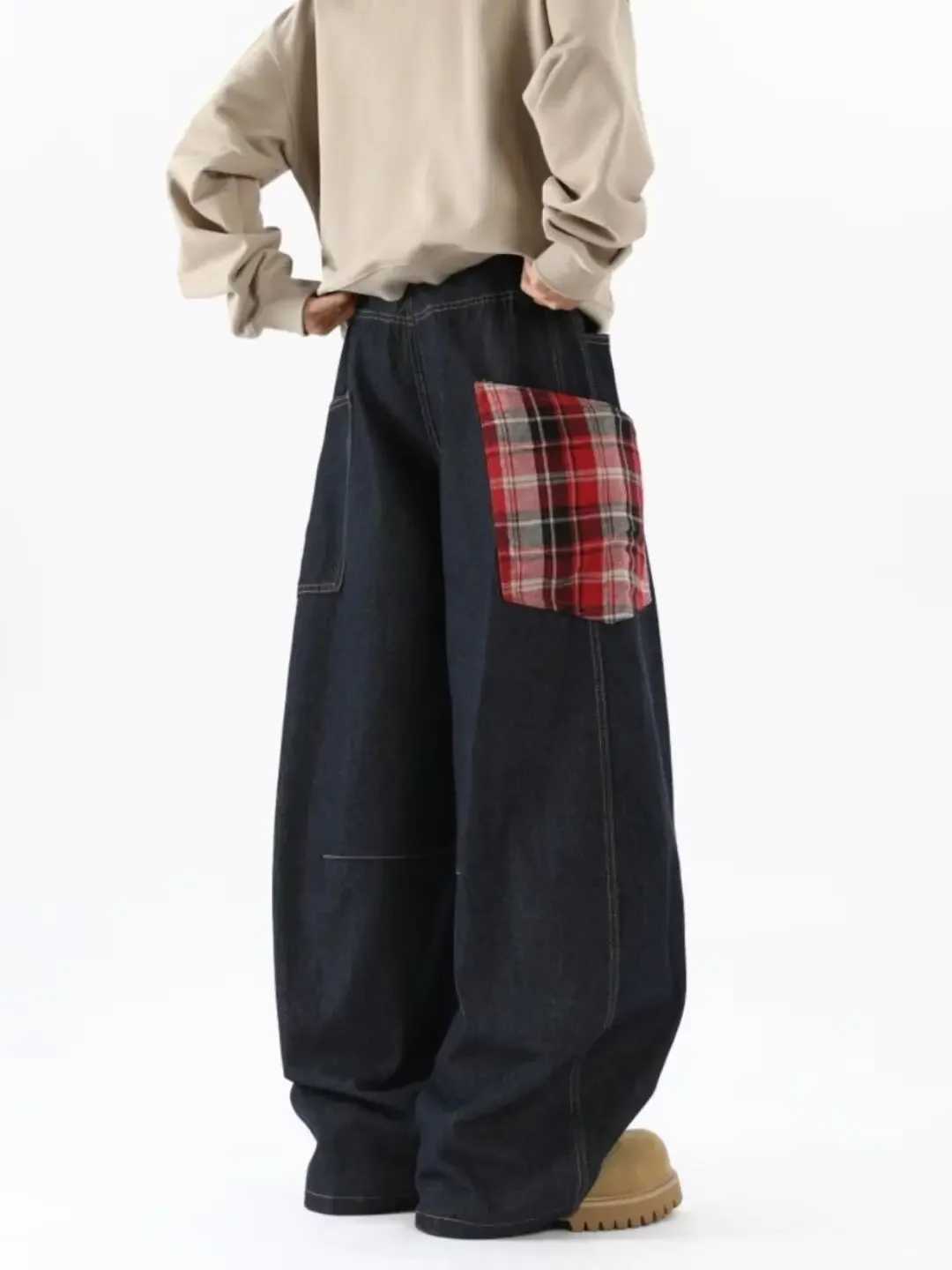 New American Style Splicing Plaid Washed Cargo Pants Women Retro Wide Leg High Waisted Baggy Jeans Women Hip Hop Denim PantsT250319