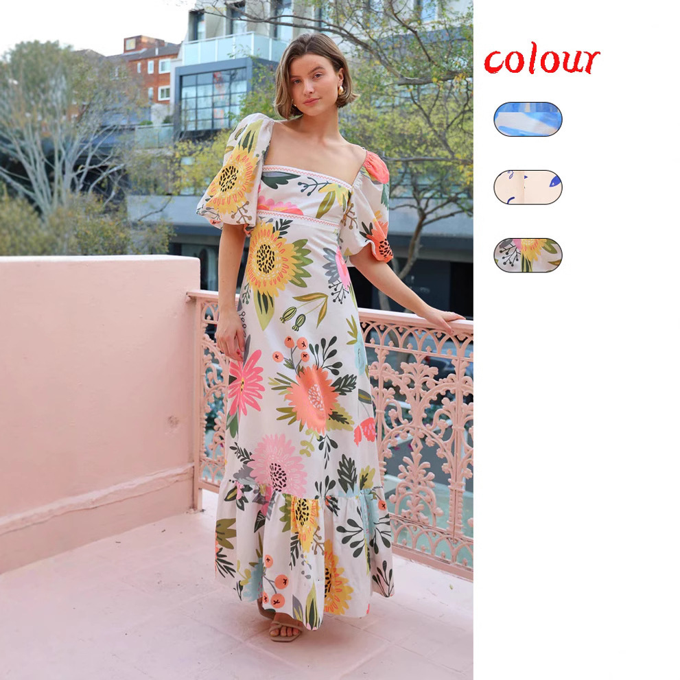 25 year summer new casual one collar printed lantern sleeve fashionable dress -68576