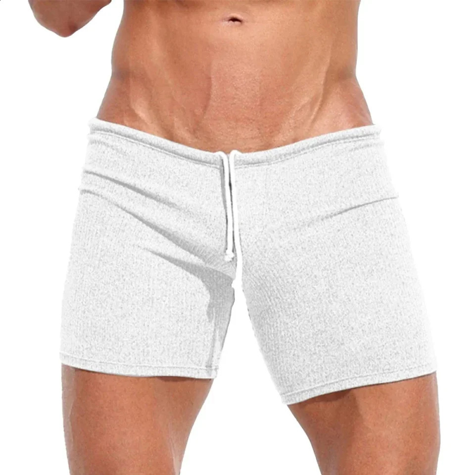 Mens Sexy Drawstring Ribbed Sleepwear Shorts Outdoor Sports Jogging Gym Sportswear Short Pants Holiday Casual Slim Male Shorts 250317