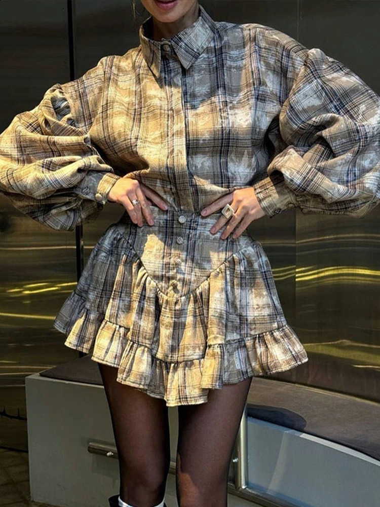 Pleat Ruffle Hem Skirt Women 2 Piece Set Single Breasted Full Lantern Sleeve Shirt Aline Skirts Vintage High Waist Lady Outfits 250318