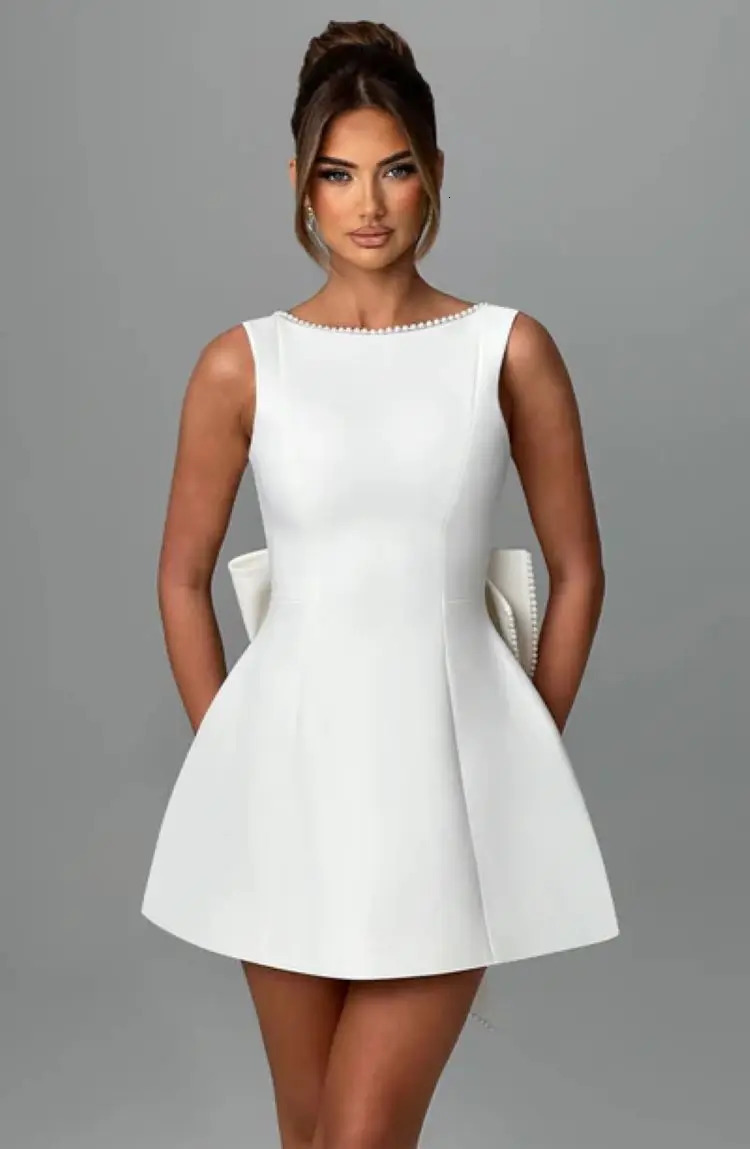 Elegant pearl bow backless short skirt womens sleeveless party cute mini dress black and white pink chic birthday night Y2K style 250314