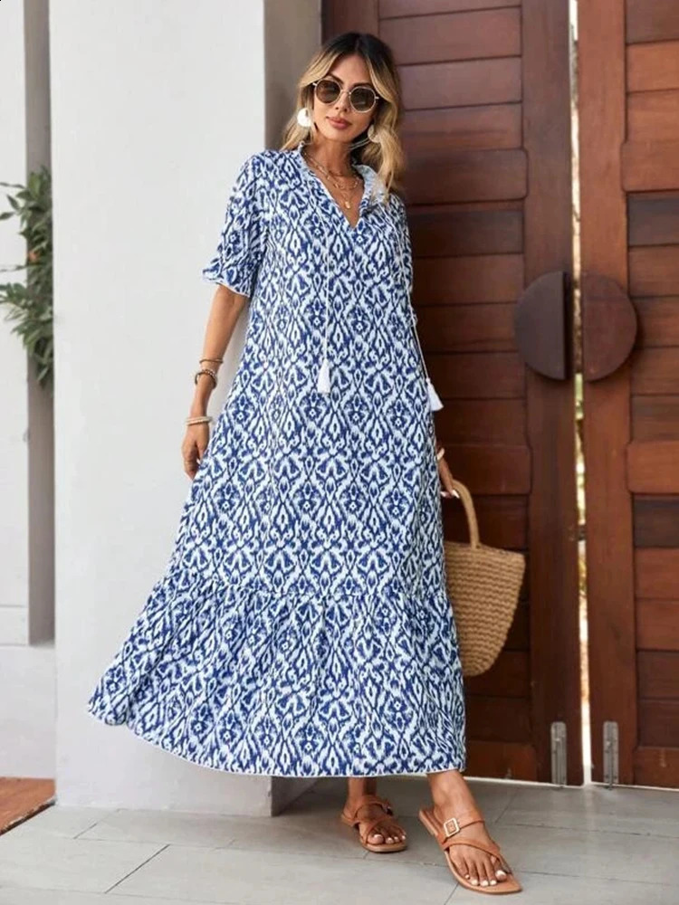 Summer Rotating Bohemian Womens Maxi Dress Casual Short Sleeve A-line Flounce Beach Womens Chiffon Dress Flower Vestidoes Mujer 250314