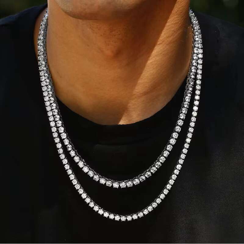 17.5ctw Ice Cold Hip Hop 3mm Necklace 22 inch Sier Plated Moissanite Men's Tennis Chain