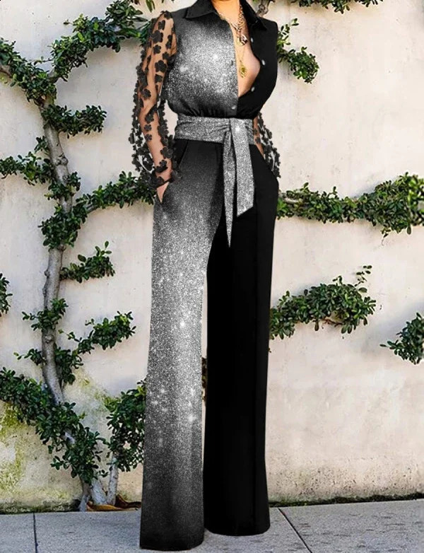 Sexy Jumpsuits Women Fashion Versatile Lace Patchwork Flared Loose Y2k Jump Suits for Female Streetwear SpringSummer 250319