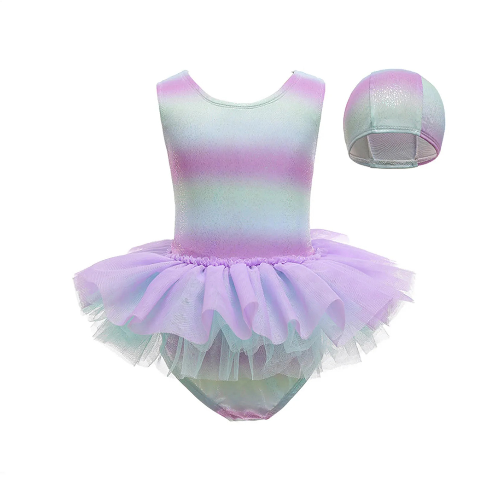 Toddler Girls One Piece Sweet Ballet Princess Swimsuit with Mesh Skirt Ruffled Swimwear Sun Protection Bathing Suit Swim Caps 250319