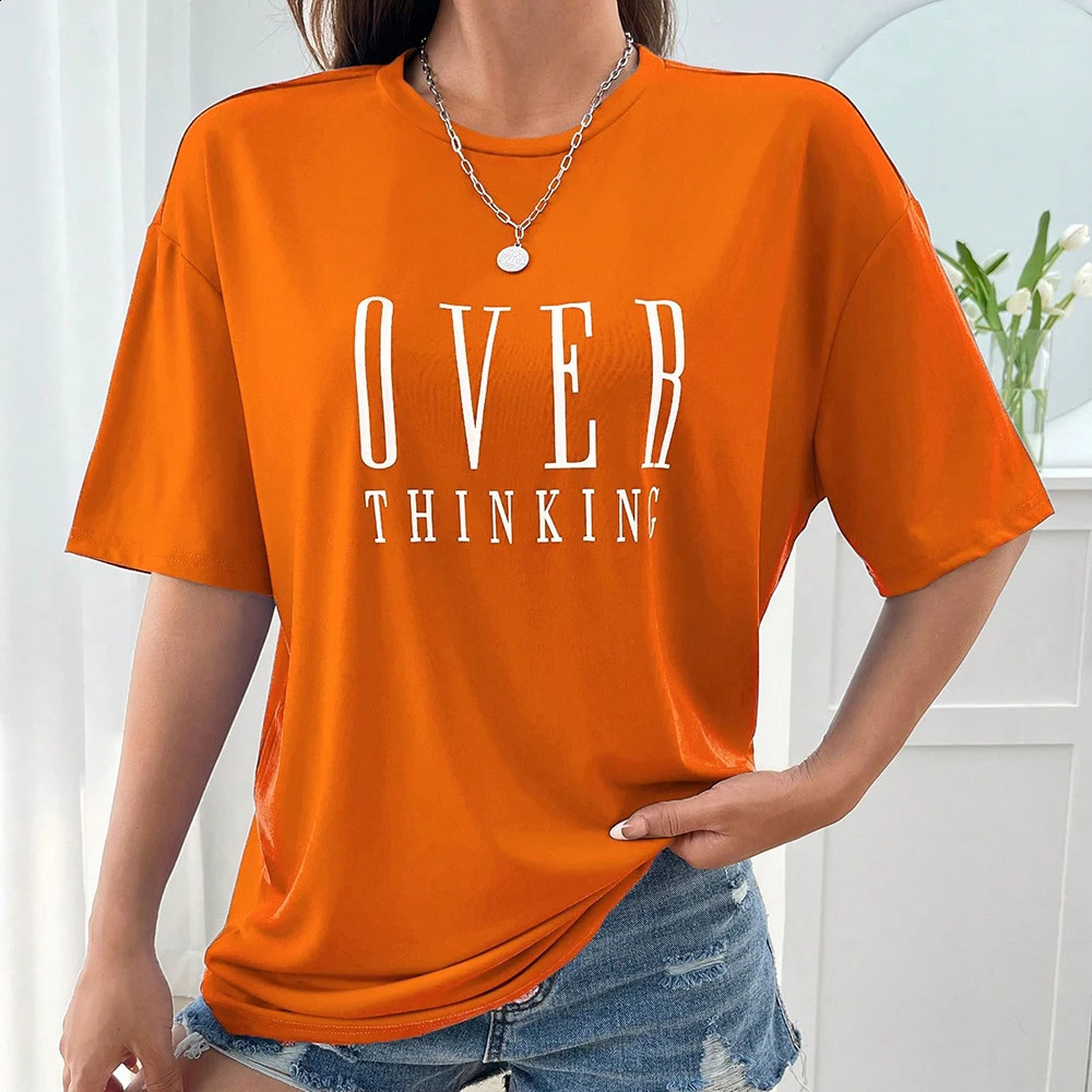 Over Thinking Letter Print Women Cotton Short Sleeve Breathable Vintage O-Neck Tops All-math Casual T-Shirts Female Tee Clothing 250319