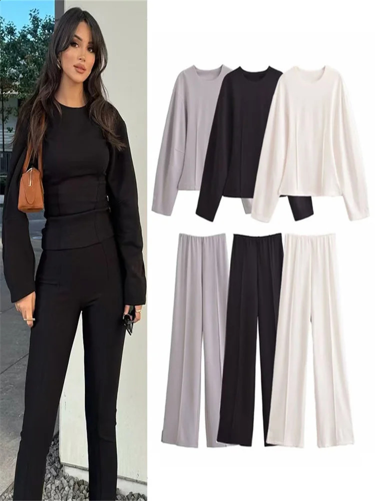 Womens twopiece solid Oneck full sleeved sweatshirt loose elastic waist straight pants set for springsummer 2025 womens clothing 250319