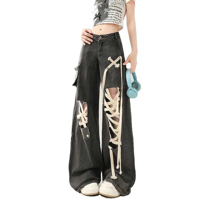 Womens jeans oversized hip-hop fashion retro streetwear Y2K wide leg jeans waist 2024 boyfriend Trouser pocket jeansT250319